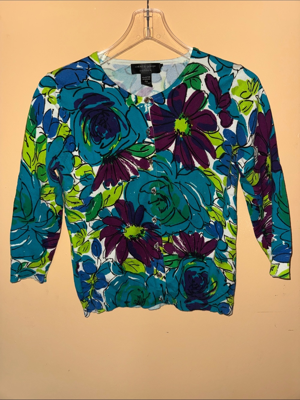 Cable & Gauge Floral Button-Front Cardigan - Teal, Blue, Purple & Lime